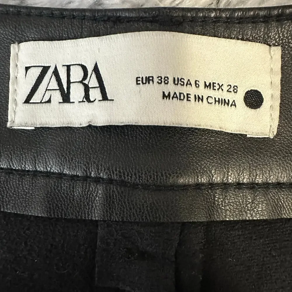 Zara Black Faux Leather High Waisted Pants Trousers USA 6 EUR 38 Pockets Goth